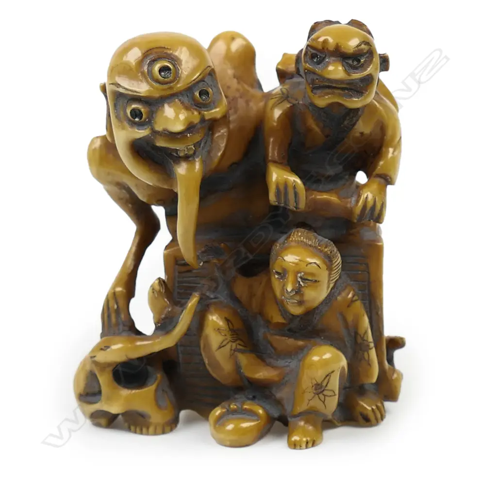 Ivory netsuke of a demon group with old woman, Image 1++