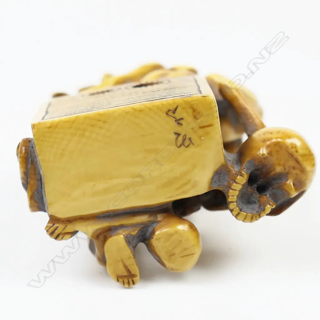 Ivory netsuke of a demon group with old woman, Image 1++