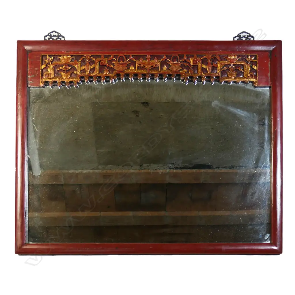 A Chinese red lacquer and gilt carved framed large mirror, Image 1++