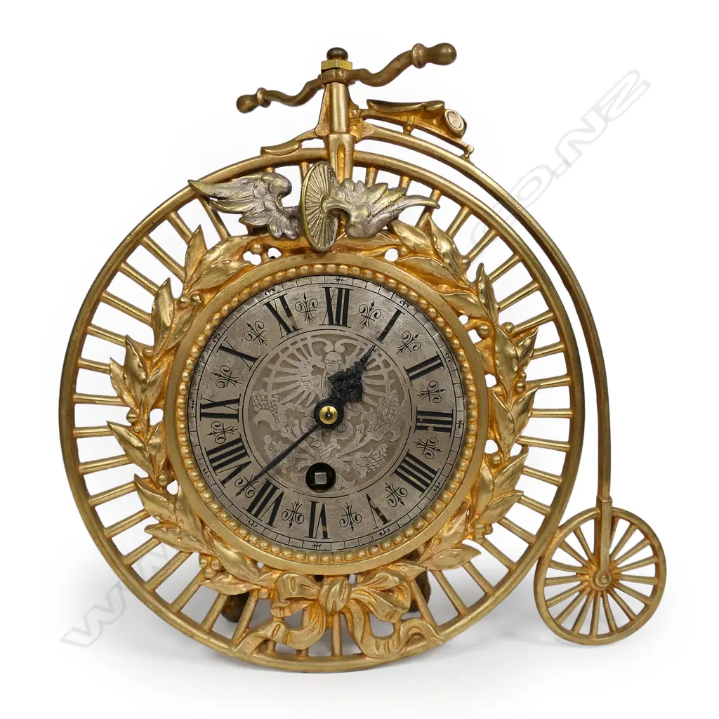 An uncommon late 19thC French gilt metal penny farthing bicycle clock, Image 1++