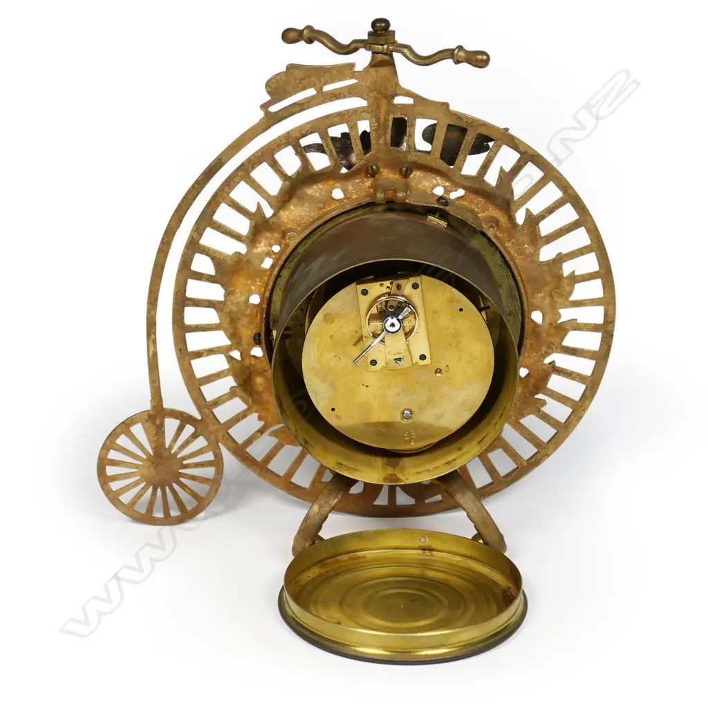 An uncommon late 19thC French gilt metal penny farthing bicycle clock, Image 1++