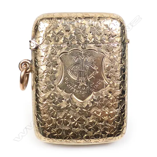 A late Victorian 9ct rose gold engraved vesta,