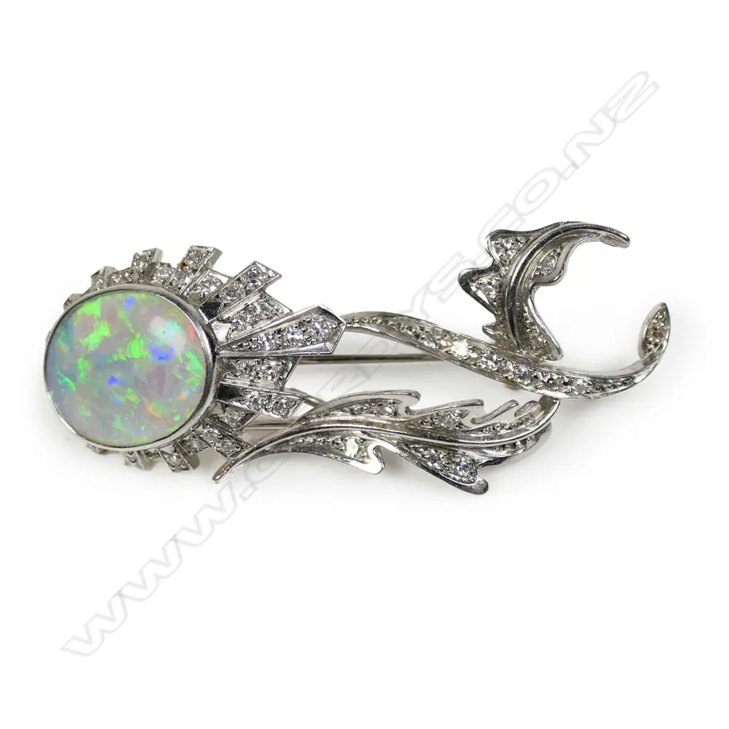 A vintage designer 18ct white gold diamond and opal brooch, Image 1++