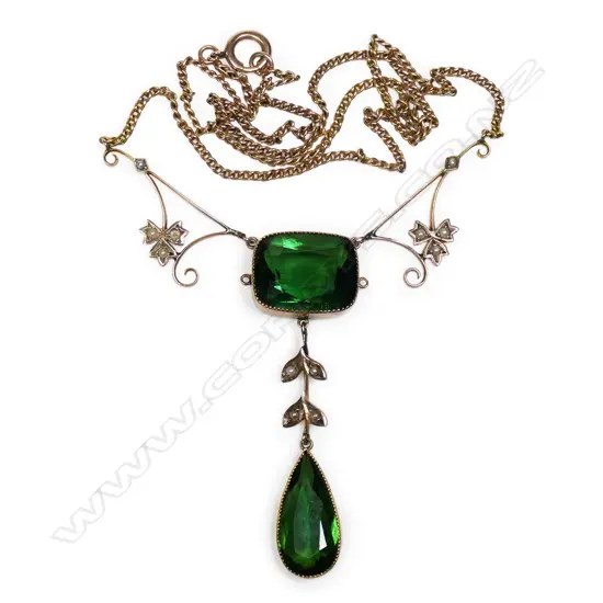 An Edwardian 9ct gold tourmaline and seed pearl pendant,