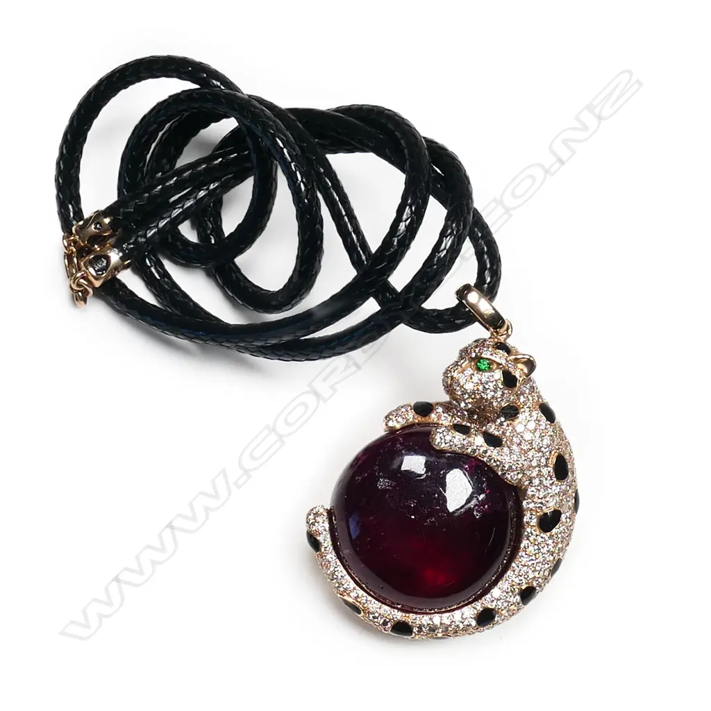 An 18ct rose gold, diamond and rubelite jaguar pendant, Image 1++