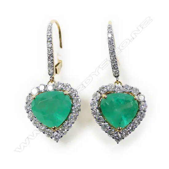 A pair of 14ct gold emerald and diamond halo drop earrings,