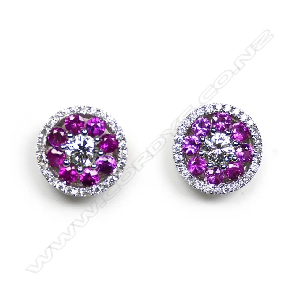 A pair of 18ct white gold, rubellite and diamond earrings, Image 1++