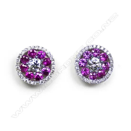 A pair of 18ct white gold, rubellite and diamond earrings,