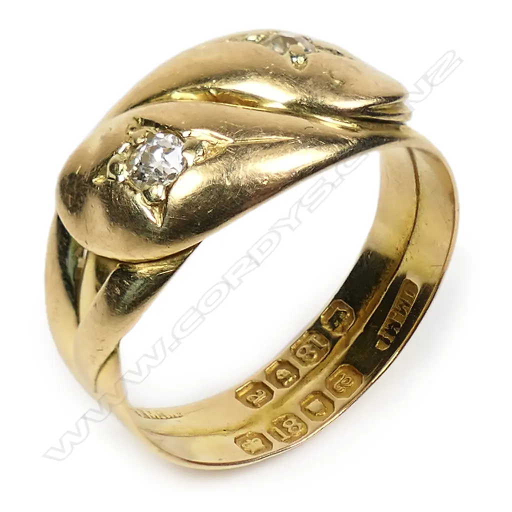 A Victorian 18ct yellow gold and diamond double snake ring, Image 1++