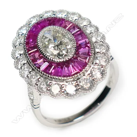 A 14ct white gold ruby and diamond cocktail ring,