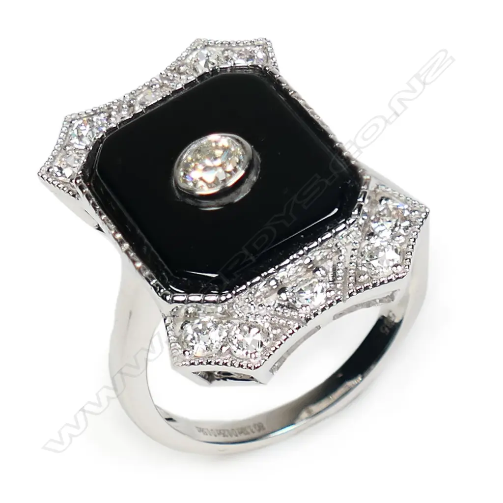 A 14ct white gold Art Deco style onyx and diamond ring, Image 1++