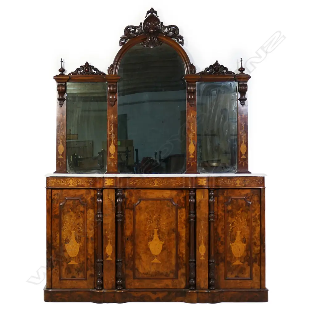 A late 19thC ornate burr walnut mirror back credenza, Image 1++