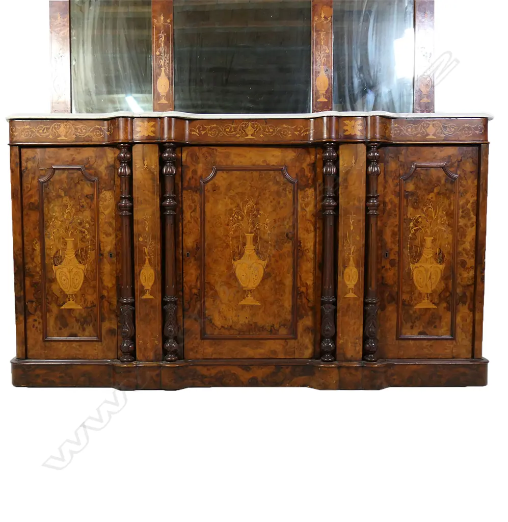 A late 19thC ornate burr walnut mirror back credenza, Image 1++