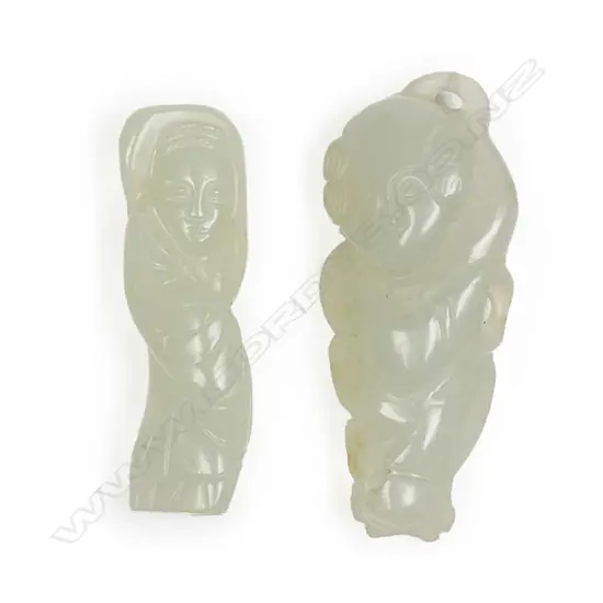 Two small old Chinese pale green jade figured pendant/handling pieces,