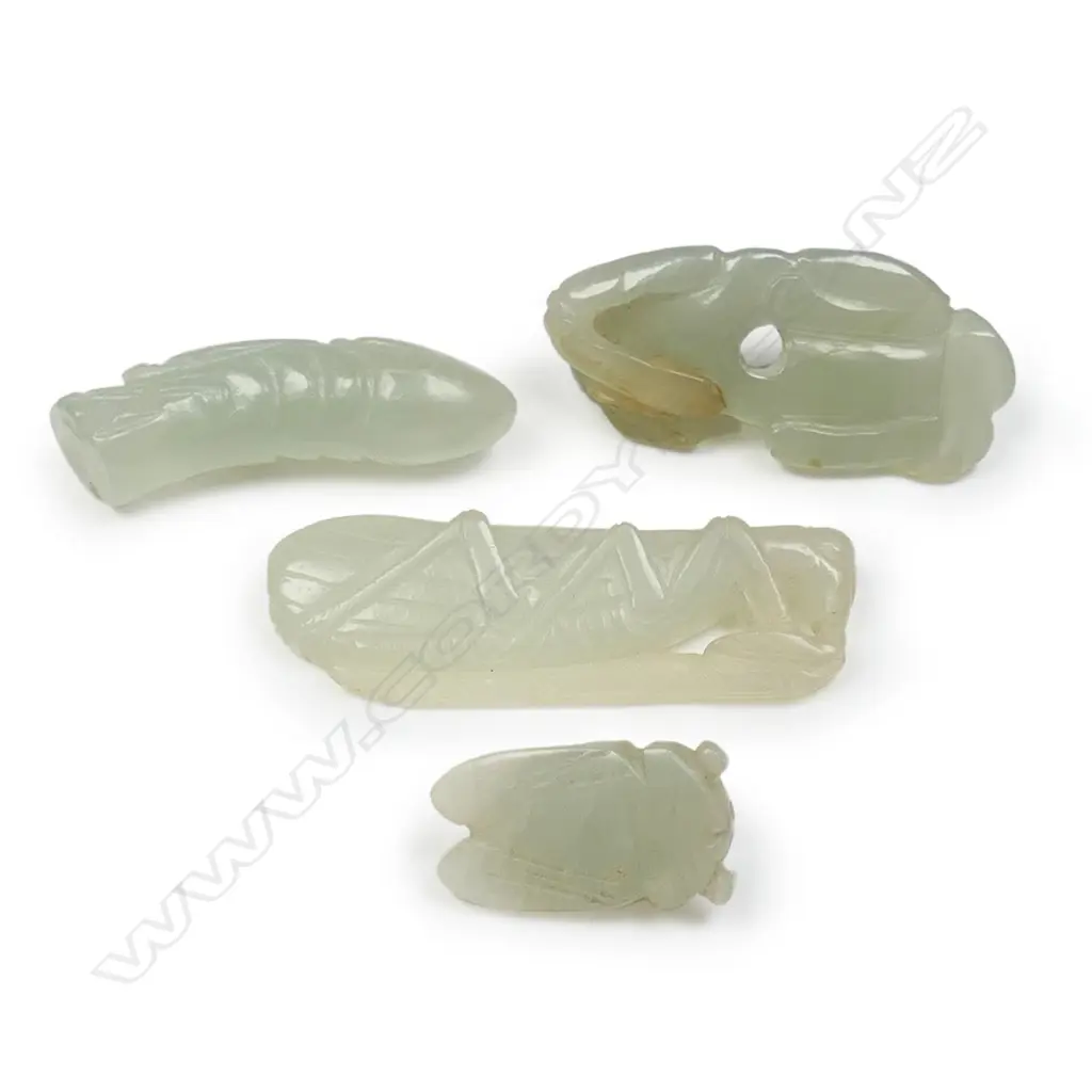 Four old Chinese small carved pale jade pendant/handling pieces, Image 1++