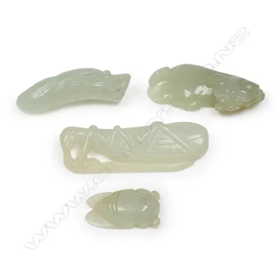 Four old Chinese small carved pale jade pendant/handling pieces,