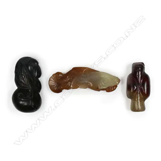 Three old oriental small carved jade pendant/handling pieces,