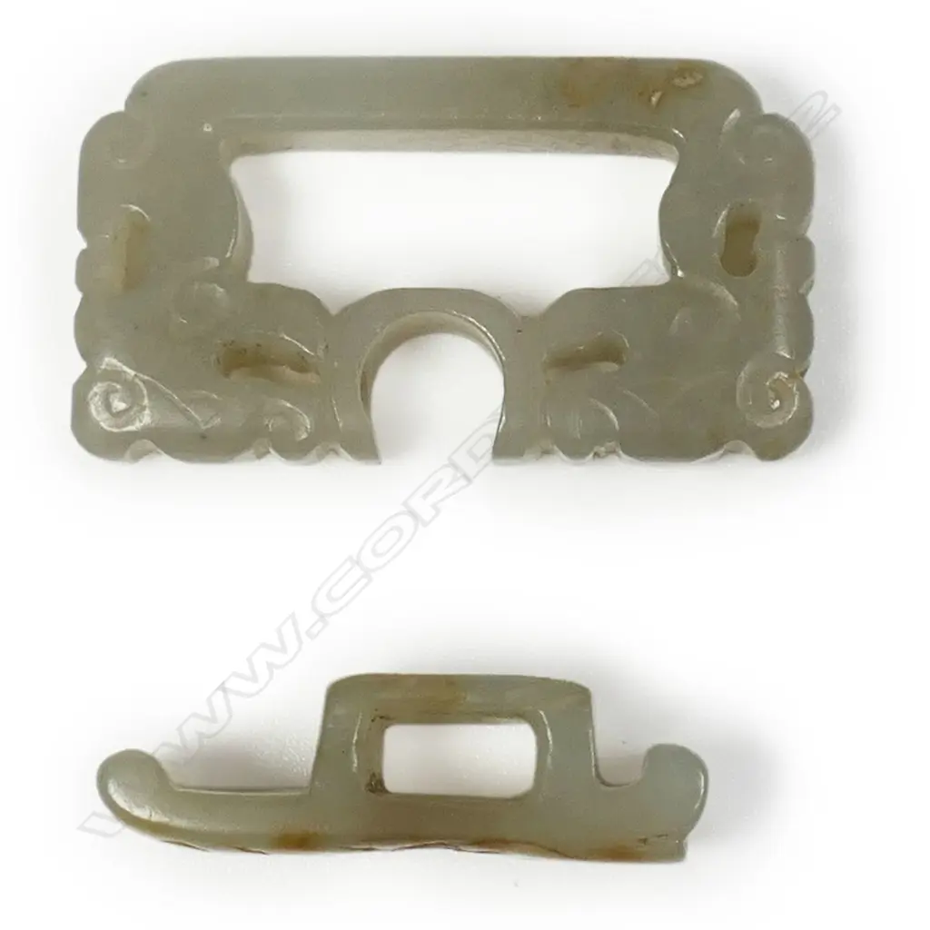 Two old Chinese pale green jade belt fastenings, Image 1++