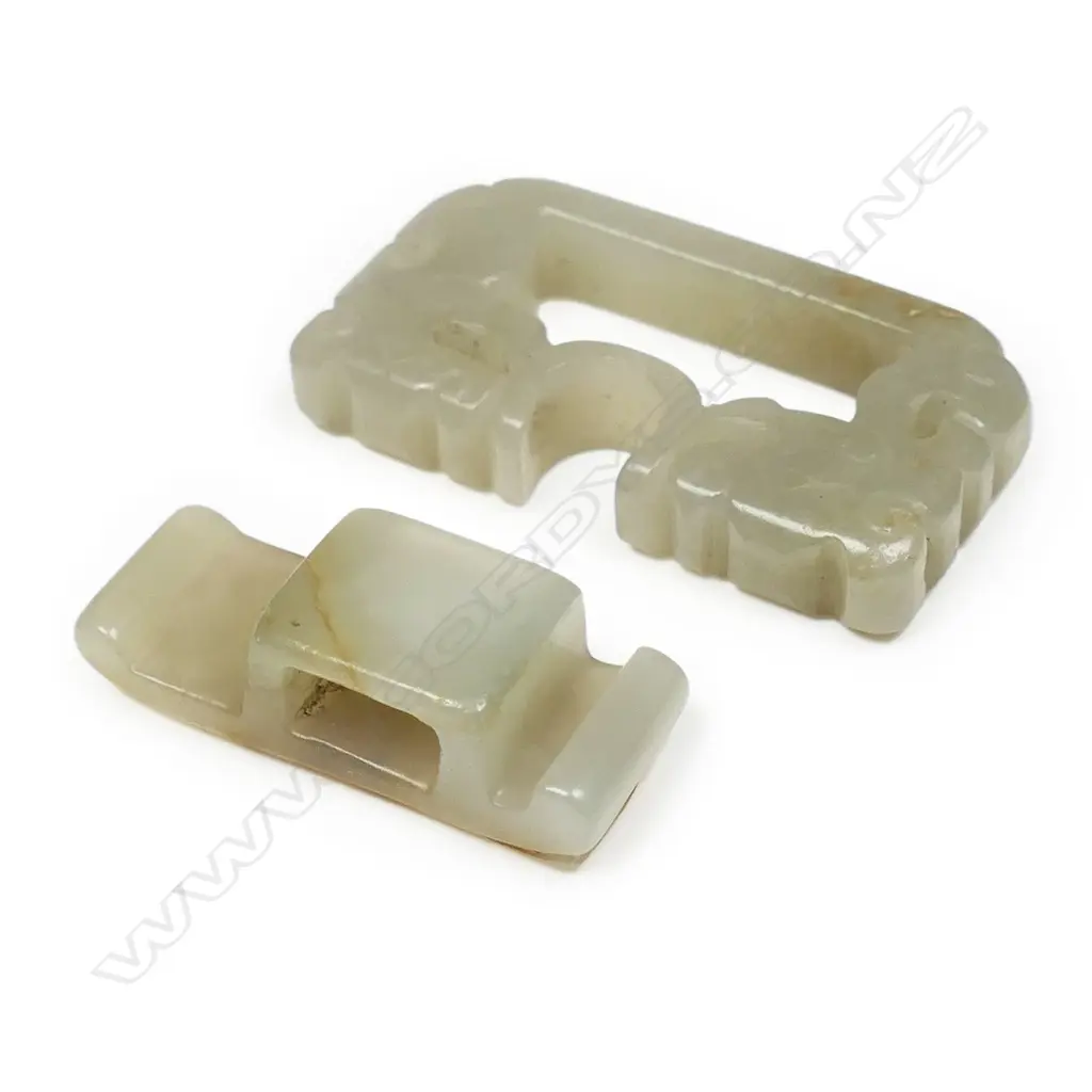 Two old Chinese pale green jade belt fastenings, Image 1++