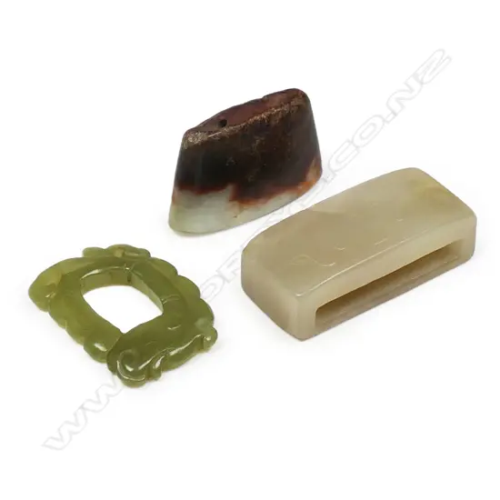 Three old Chinese jade belt fastenings/adornments,