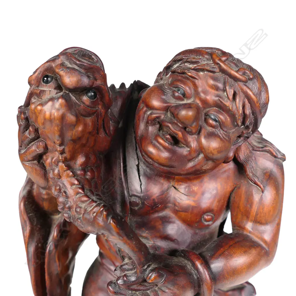 An old Chinese carved wood sculpture of a happy fisherman, Image 1++