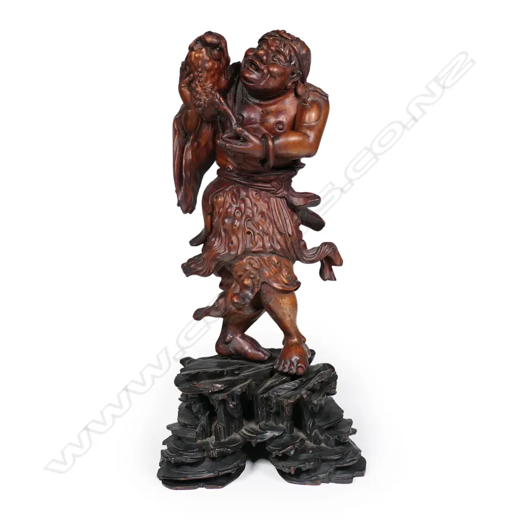 An old Chinese carved wood sculpture of a happy fisherman, Image 1++