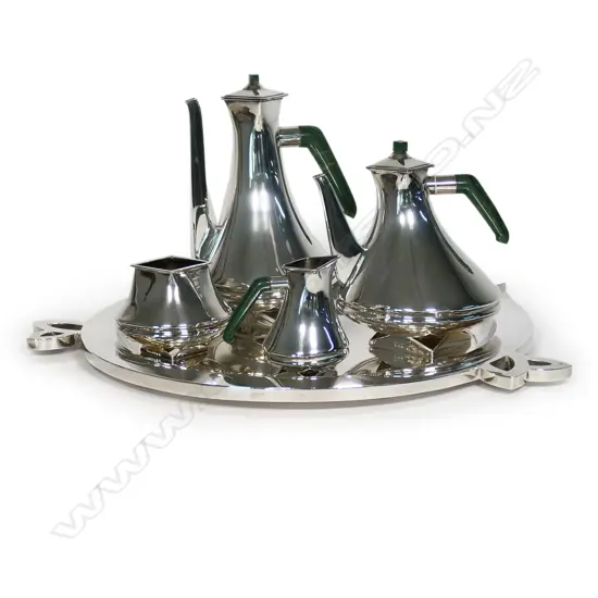A stylish contemporary Ravissant silver five piece tea and coffee service,