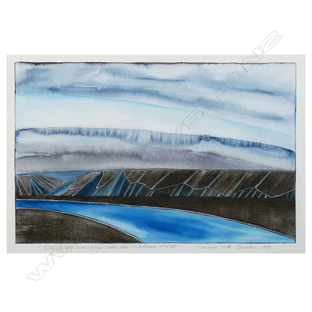 Marilyn Webb (NZ 1937-2021) 'Gold Tailings and a Frozen Water Race, St Bathans 19/8/88', Image 1++