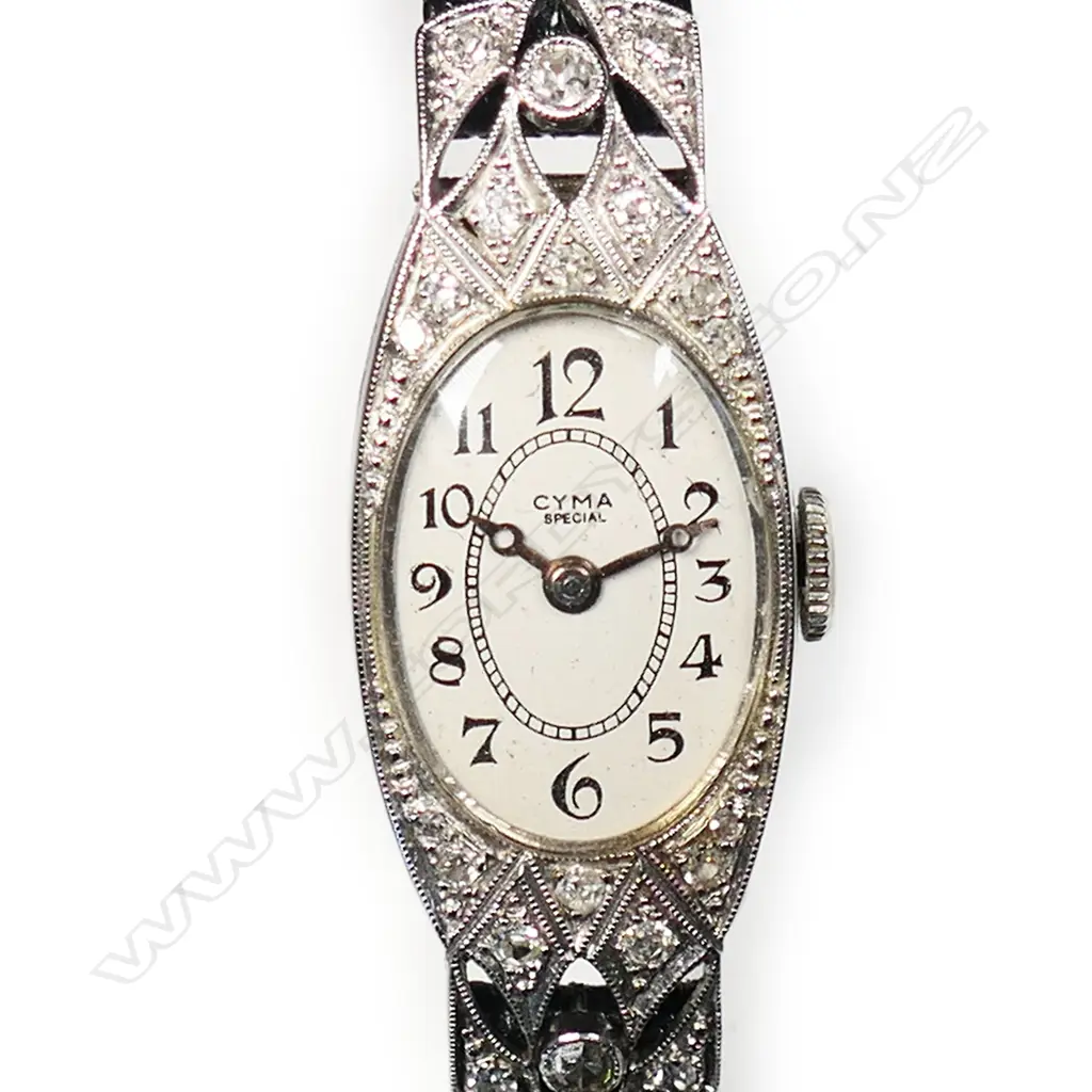 A ladies 18ct white gold and diamond Art Deco Cyma wrist watch, Image 1++
