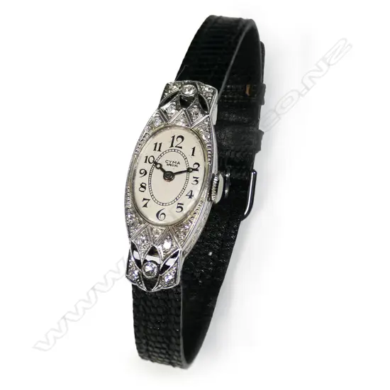 A ladies 18ct white gold and diamond Art Deco Cyma wrist watch,