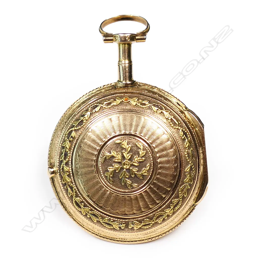 An 18thC French mid-size gold gent's open face pocket watch, Image 1++