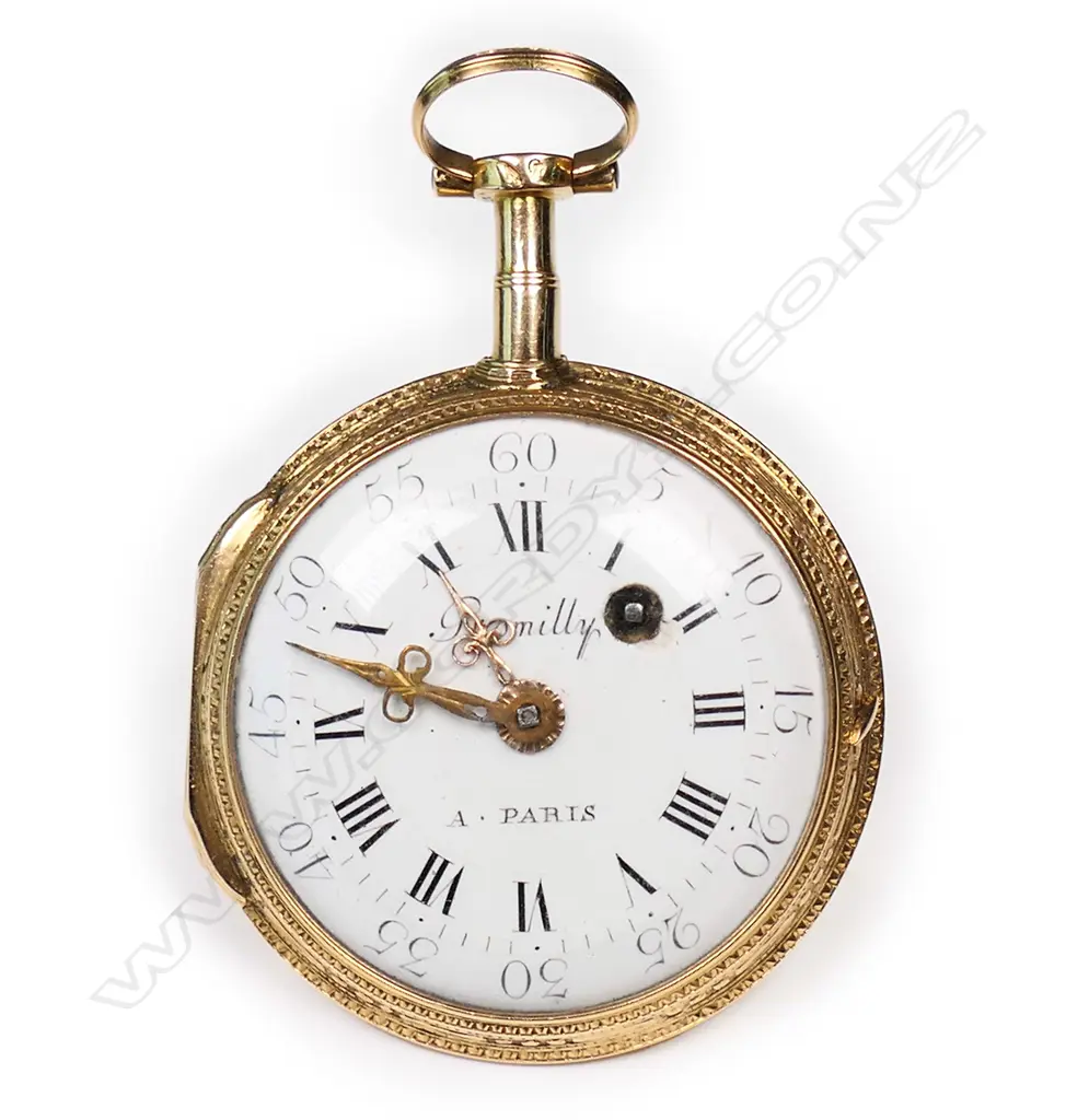 An 18thC French mid-size gold gent's open face pocket watch, Image 1++