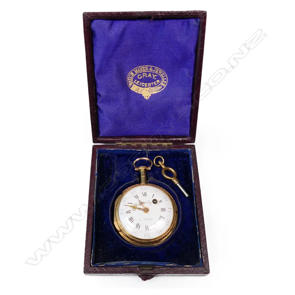 An 18thC French mid-size gold gent's open face pocket watch, Image 1++