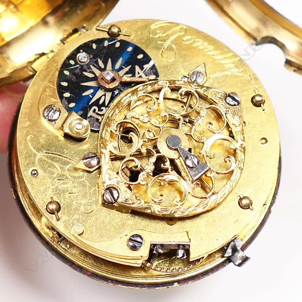 An 18thC French mid-size gold gent's open face pocket watch, Image 1++