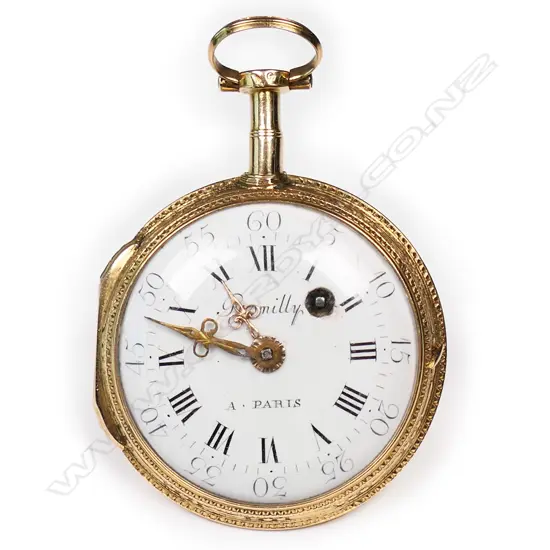 An 18thC French mid-size gold gent's open face pocket watch,