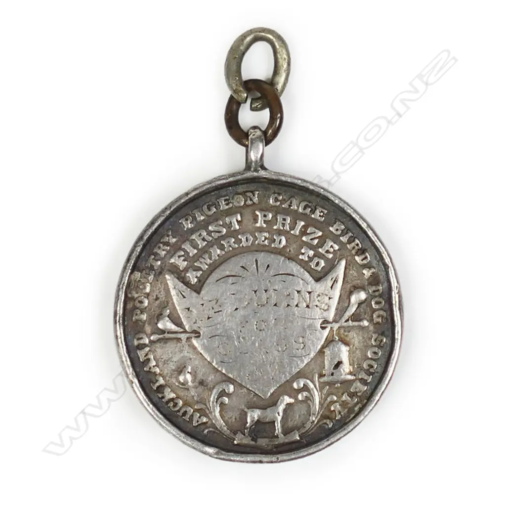An 1890 ' Auckland Poultry Pigeon Cage Bird & Dog Society' silver medallion, Image 1++