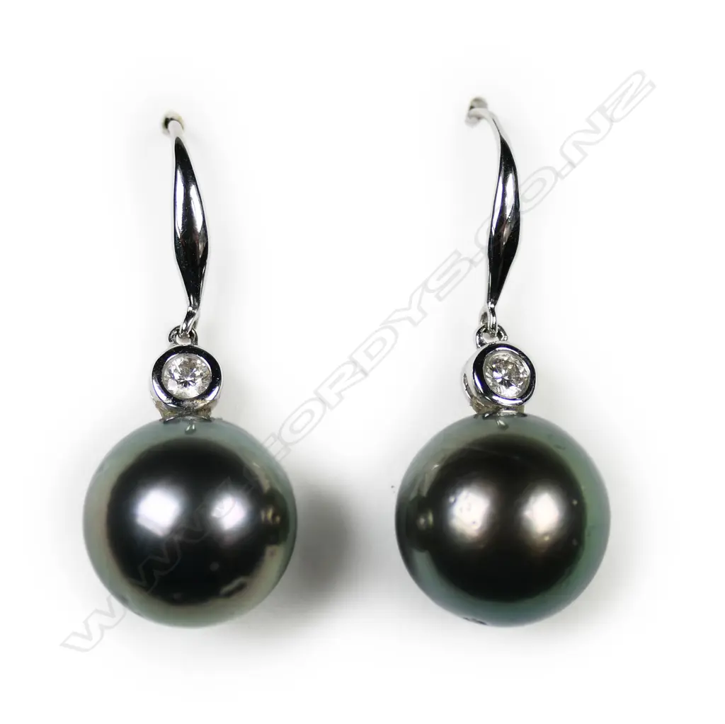 A pair of 14ct white gold diamond and pearl earrings, Image 1++