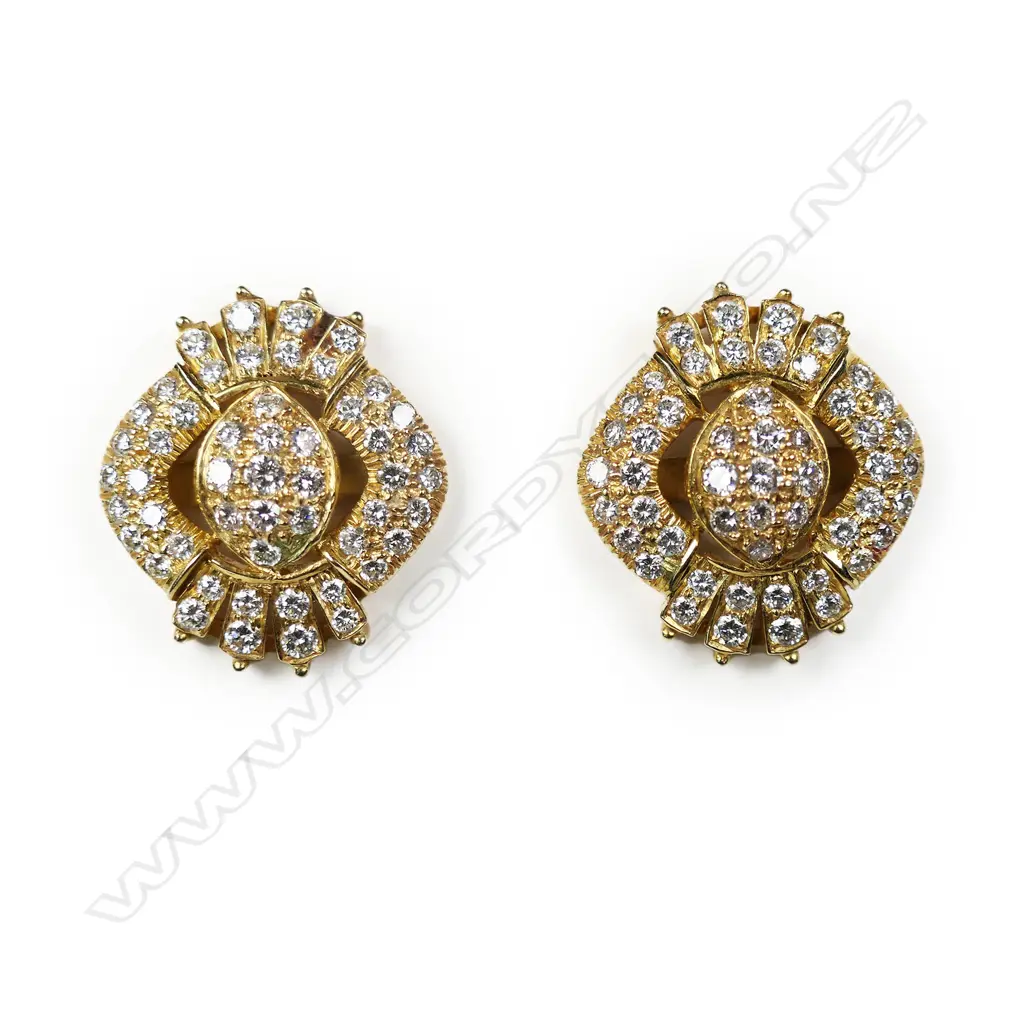 A pair of 18ct yellow gold and diamond encrusted earrings, Image 1++