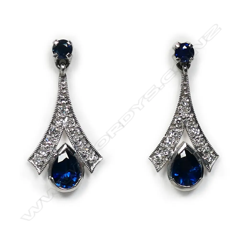 A pair of vintage 18ct white gold sapphire and diamond drop earrings, Image 1++