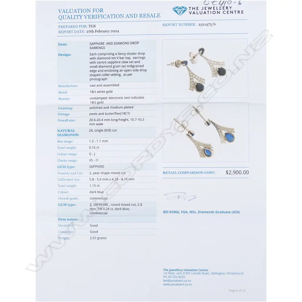 A pair of vintage 18ct white gold sapphire and diamond drop earrings, Image 1++