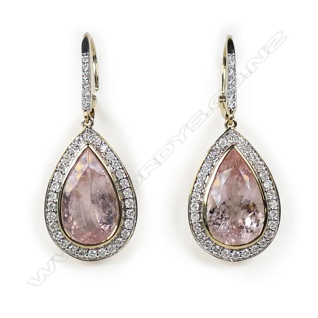 A pair of 14ct gold morganite and diamond halo drop earrings, Image 1++