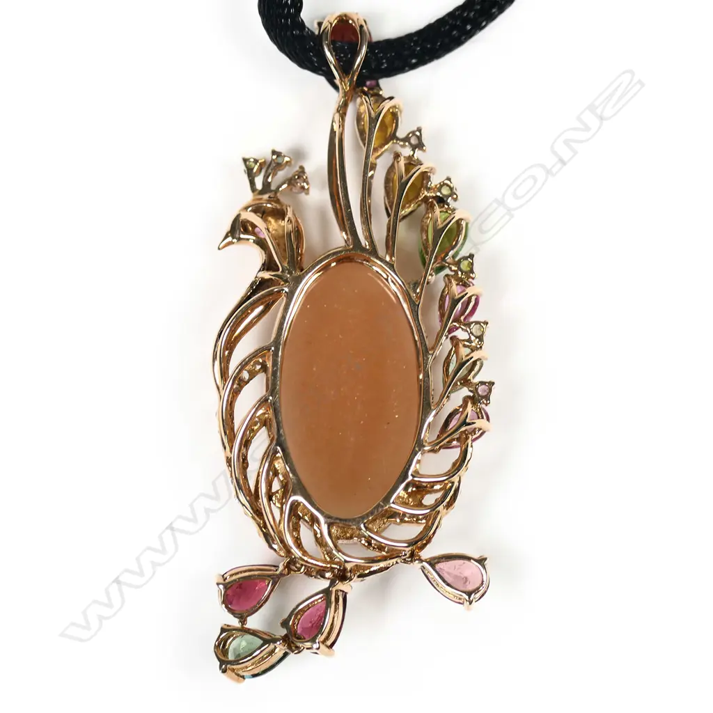 An 18ct rose gold peach sunstone, coloured tourmalines and diamond peacock pendant, Image 1++
