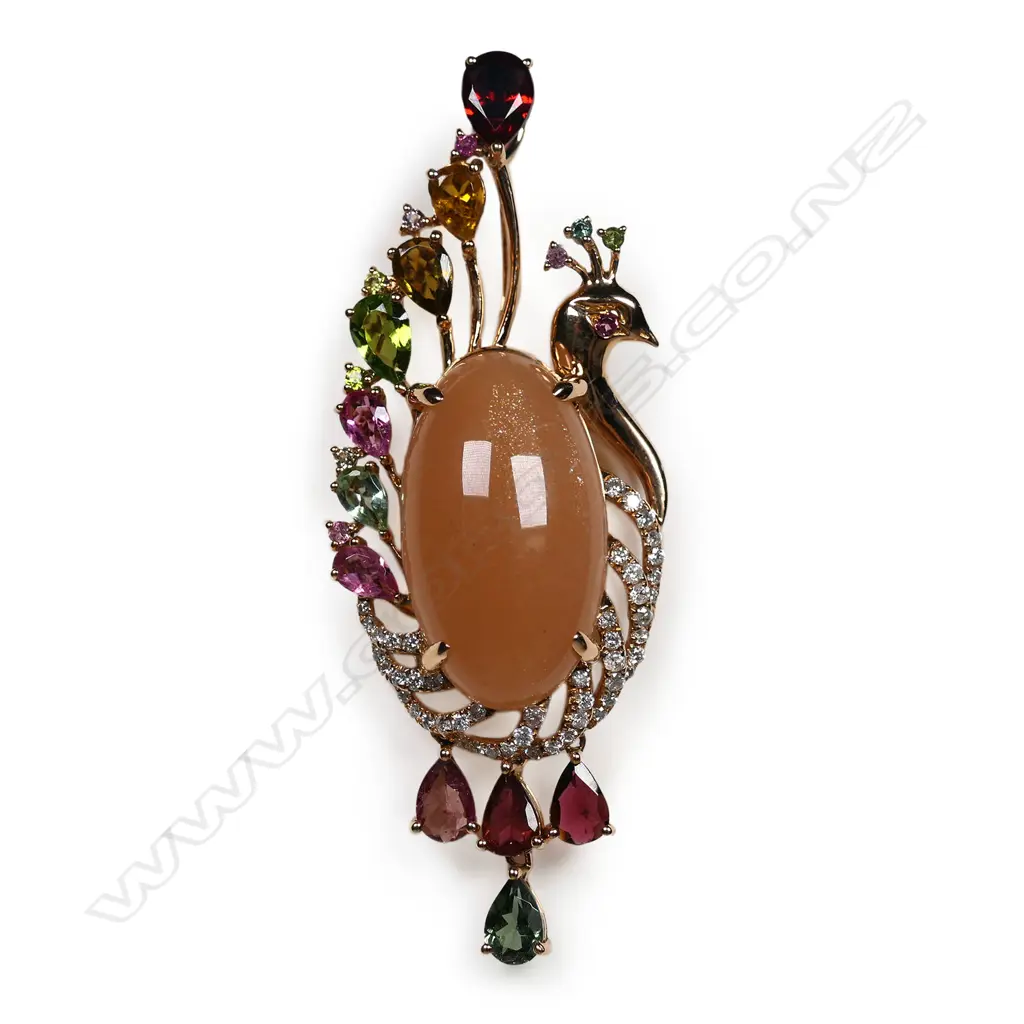 An 18ct rose gold peach sunstone, coloured tourmalines and diamond peacock pendant, Image 1++