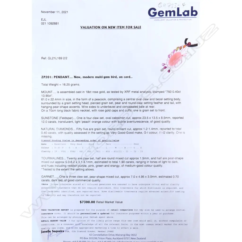 An 18ct rose gold peach sunstone, coloured tourmalines and diamond peacock pendant, Image 1++