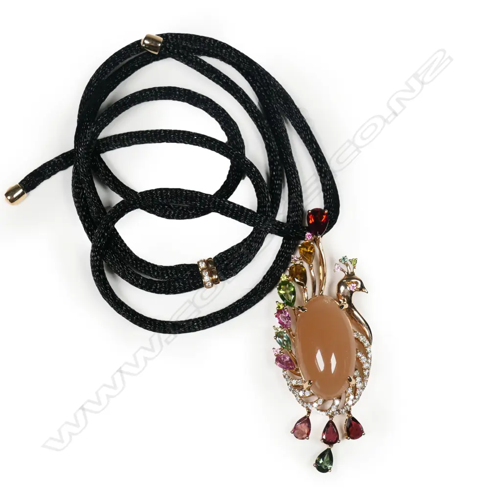 An 18ct rose gold peach sunstone, coloured tourmalines and diamond peacock pendant, Image 1++