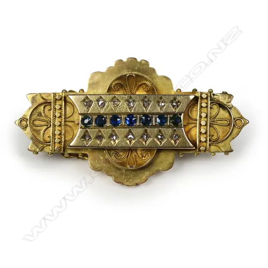 A Victorian 15ct gold diamond and sapphire brooch,