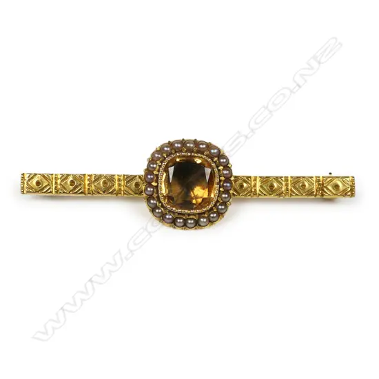 A 9ct gold pearl and citrine bar brooch,