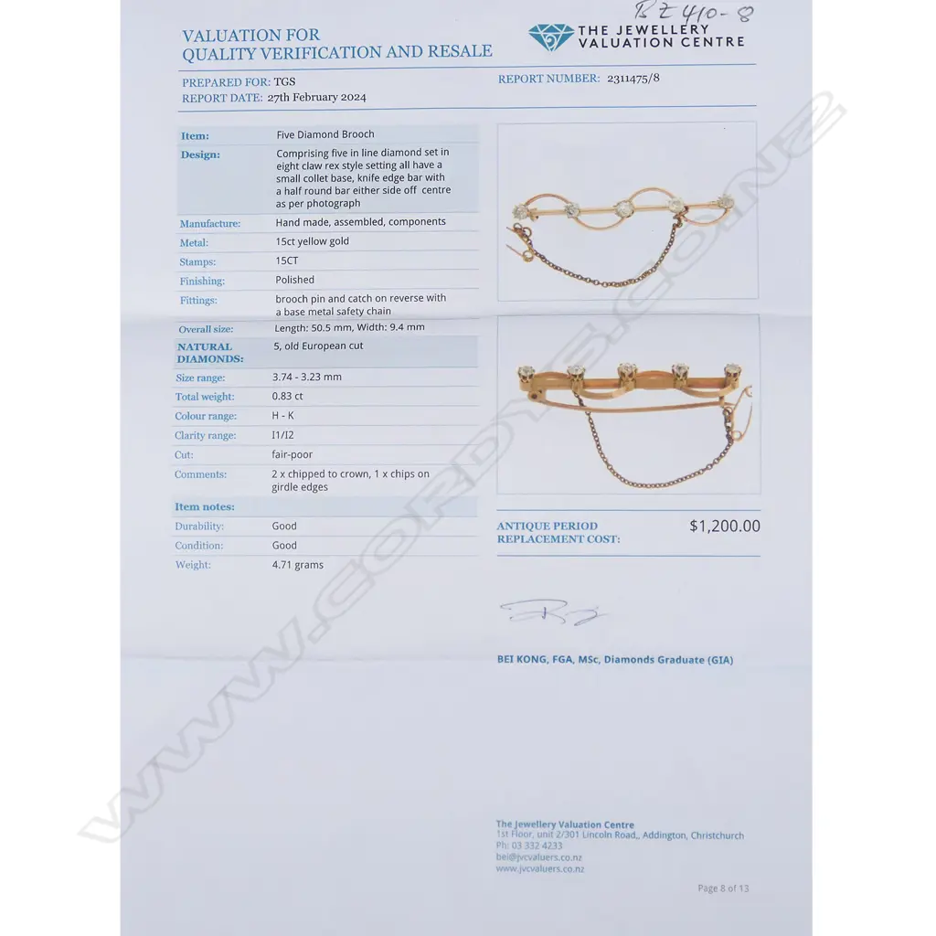 A c1900 15ct yellow gold five diamond wavy bar brooch, Image 1++