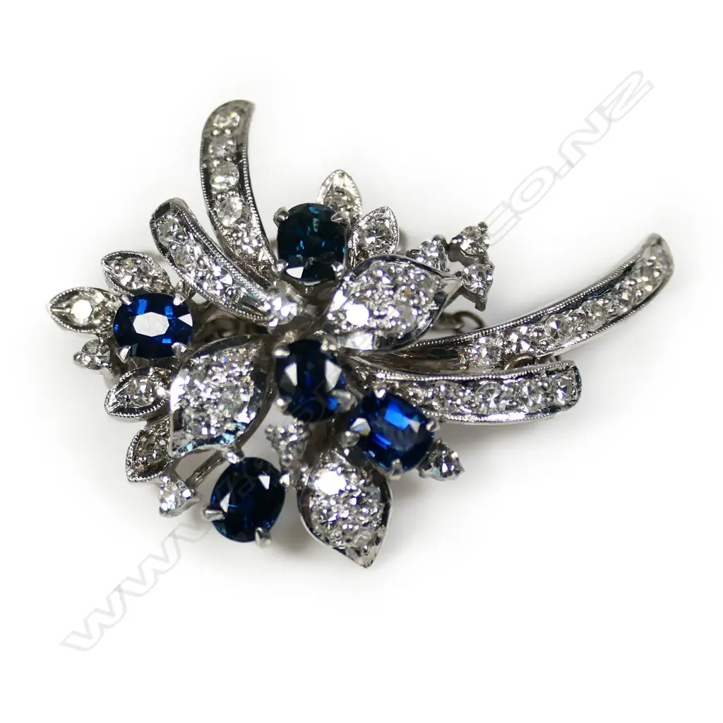 A stylish vintage 14ct white gold sapphire and diamond spray brooch, Image 1++