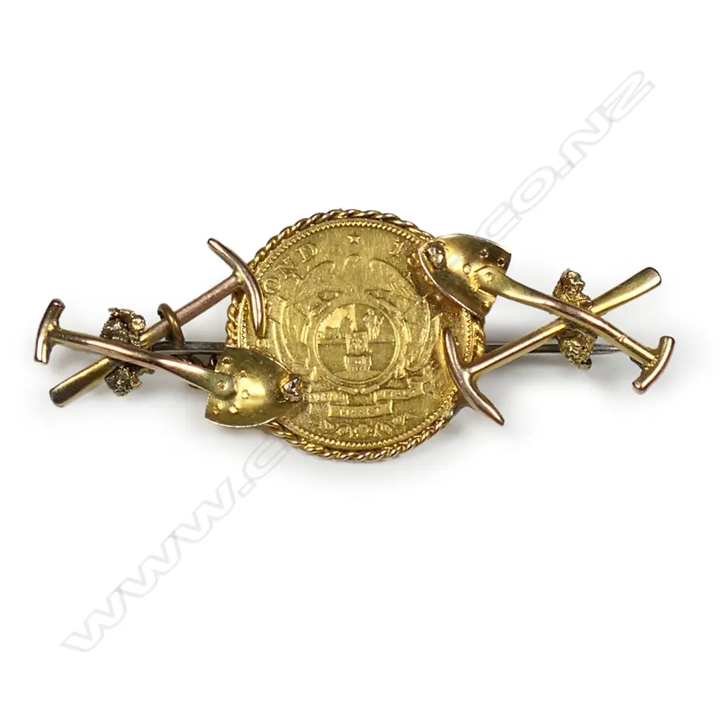A late 19thC gold coin and mining themed brooch, Image 1++